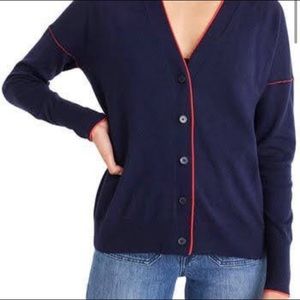 NWOT - J.Crew 100% Merino Wool Cardigan in navy with red stripe; Size XXS